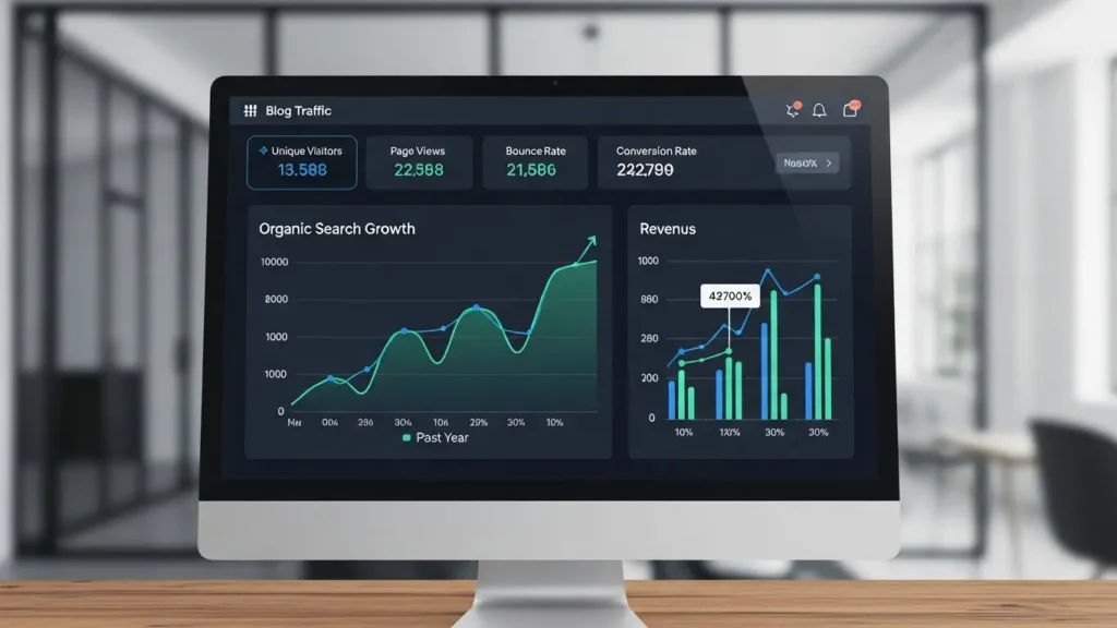 Computer screen displaying blog traffic analytics with upward trending graphs showing organic search growth and revenue metrics for a successful content creator