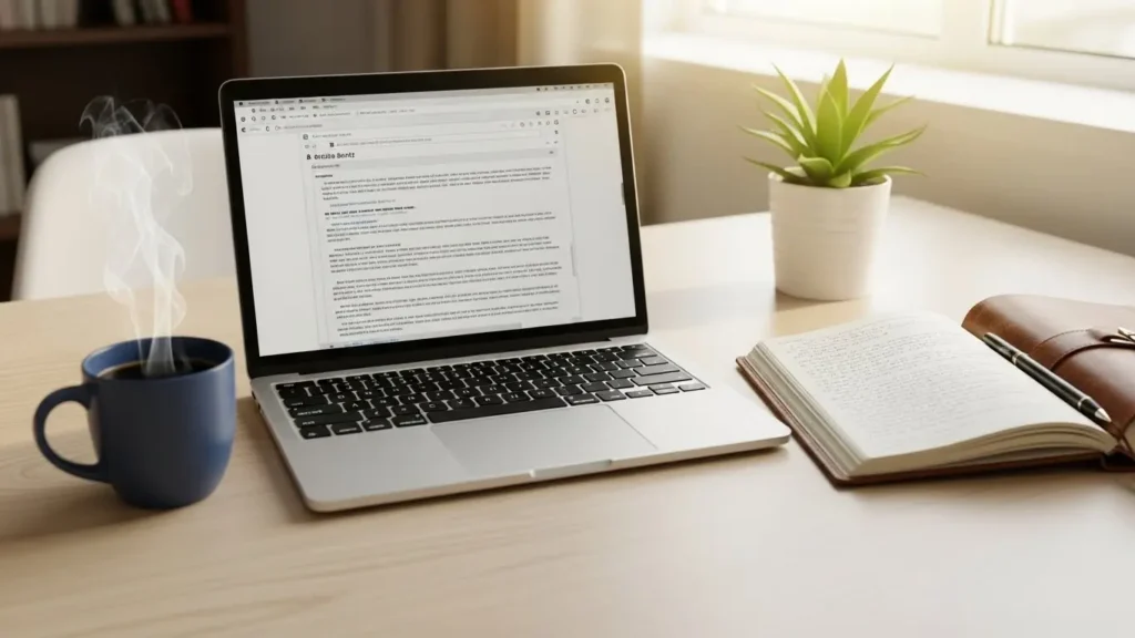 Professional freelance writer workspace with laptop displaying article draft, handwritten notes in an open journal, and steaming coffee