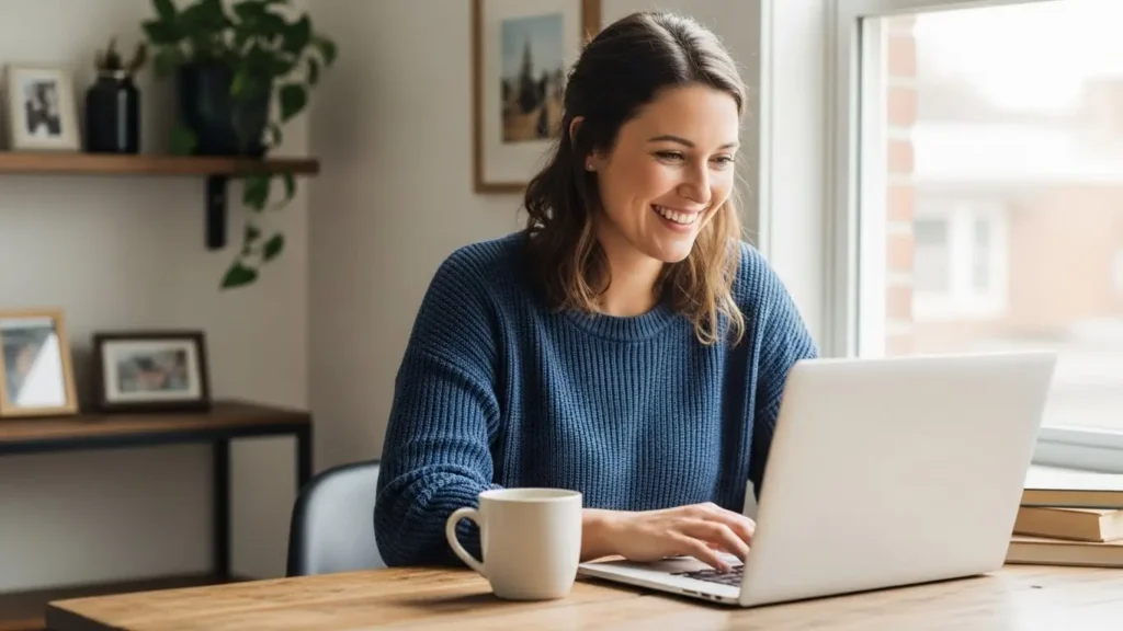 Confident woman entrepreneur working from home on laptop with warm smile, demonstrating the flexibility and comfort of modern side hustle lifestyle in cozy living room