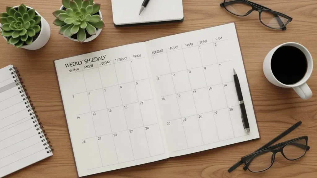 Professional weekly planner spread showing an organized schedule balancing full-time work hours, dedicated side hustle time blocks, and protected personal time clearly marked in different colors