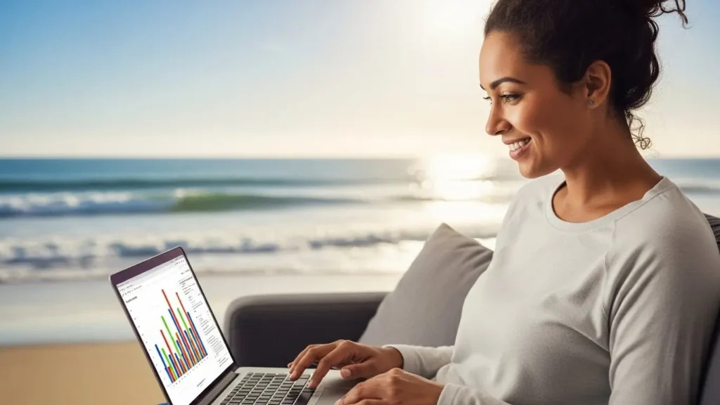 Happy woman entrepreneur raising arms in celebration at laptop showing genuine joy and achievement of reaching side hustle income goals 